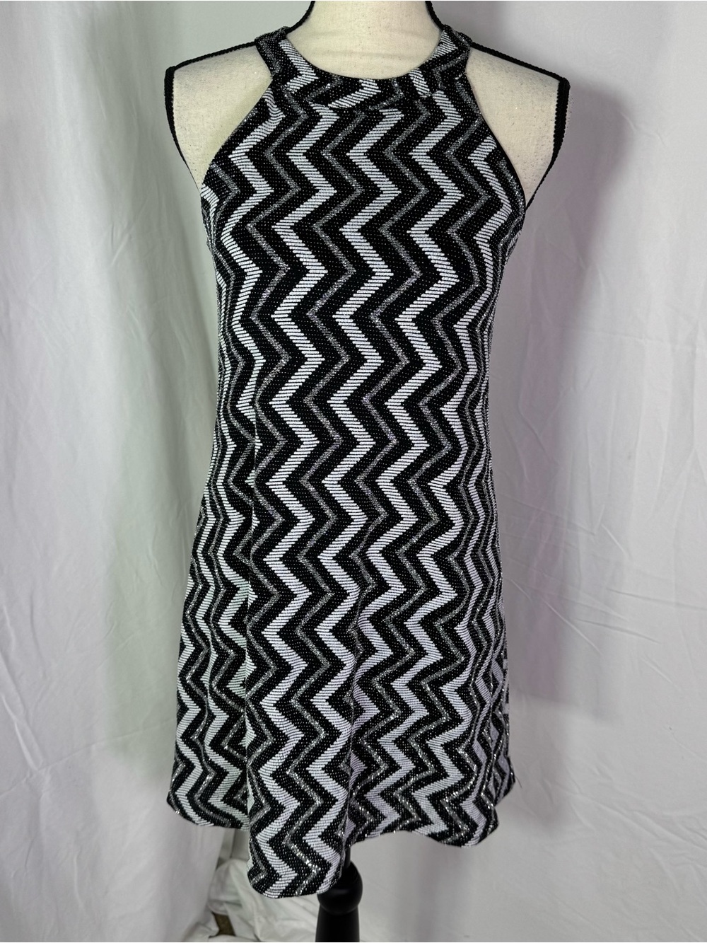 NWT Vintage Candie’s Halter Mini Dress S Black White Zigzag Y2K Party